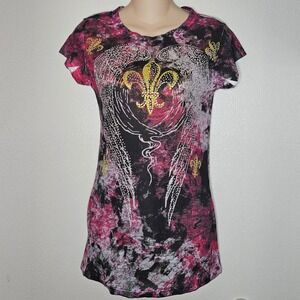 Fleur De Lis Rhinestone Wings Grunge‎ Tee Top